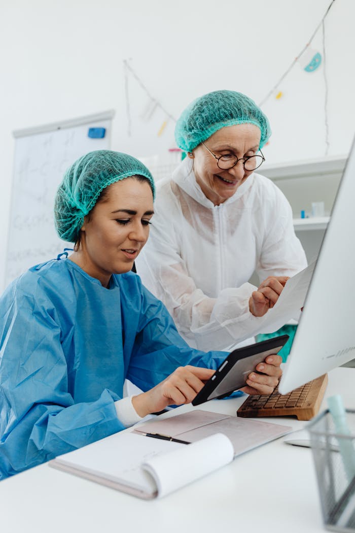 Home Two healthcare workers in PPE discussing using a tablet in a medical office.